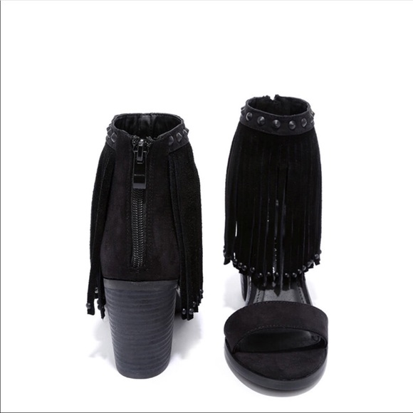 Black Boho Chic Cascading Fringe Block Heel Sandal - Picture 2 of 4